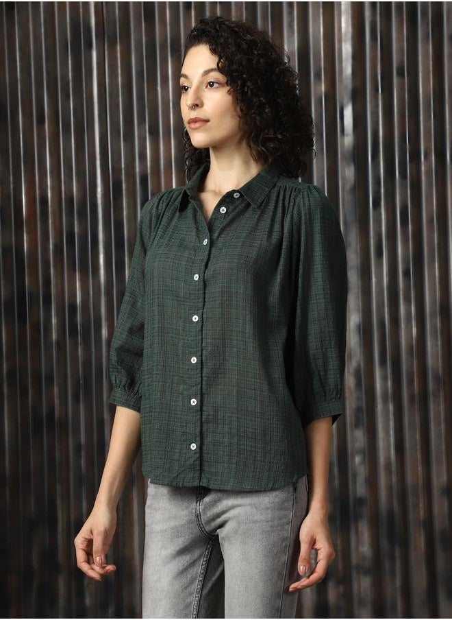 Women Boxy Spread Collar Checked Cotton Geathers At Shoulder Casual Shirt