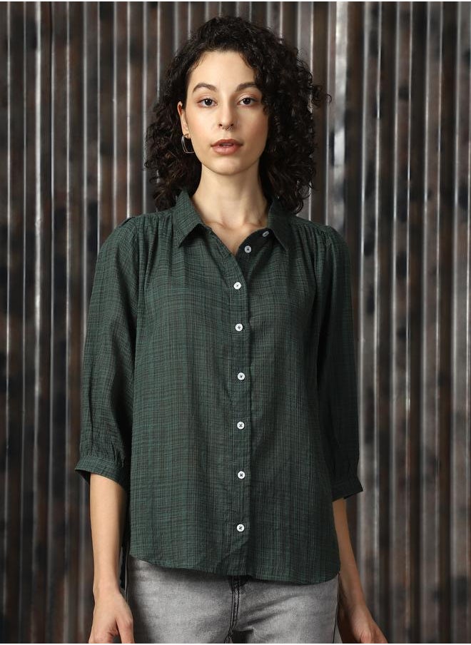 Women Boxy Spread Collar Checked Cotton Geathers At Shoulder Casual Shirt