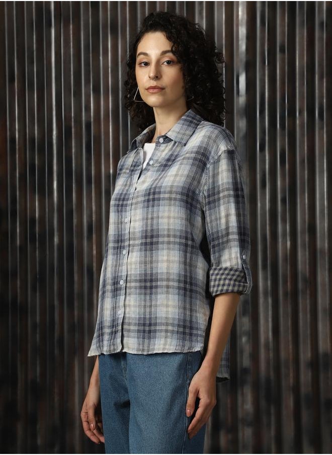 Women Spread Collar Tartan Checked Cotton Oversized Casual Shirt