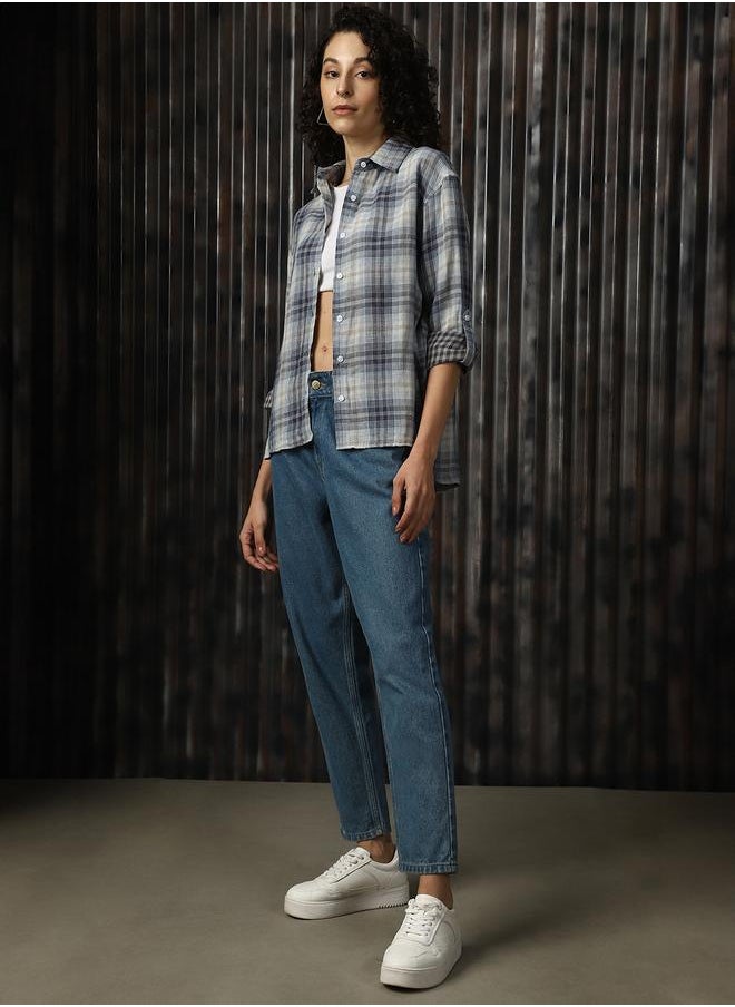 Women Spread Collar Tartan Checked Cotton Oversized Casual Shirt