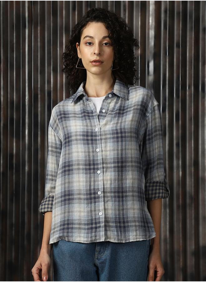 Women Spread Collar Tartan Checked Cotton Oversized Casual Shirt