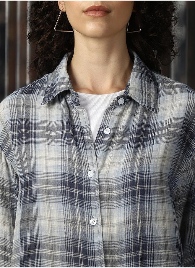 Women Spread Collar Tartan Checked Cotton Oversized Casual Shirt
