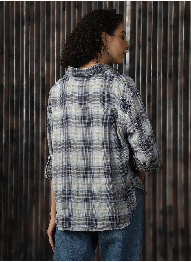 Women Spread Collar Tartan Checked Cotton Oversized Casual Shirt