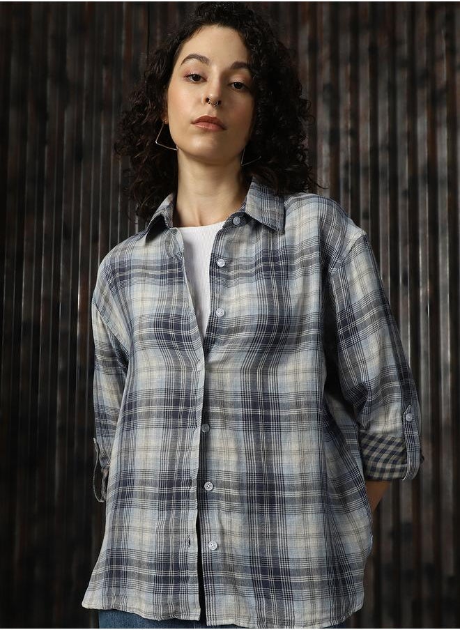 Women Spread Collar Tartan Checked Cotton Oversized Casual Shirt