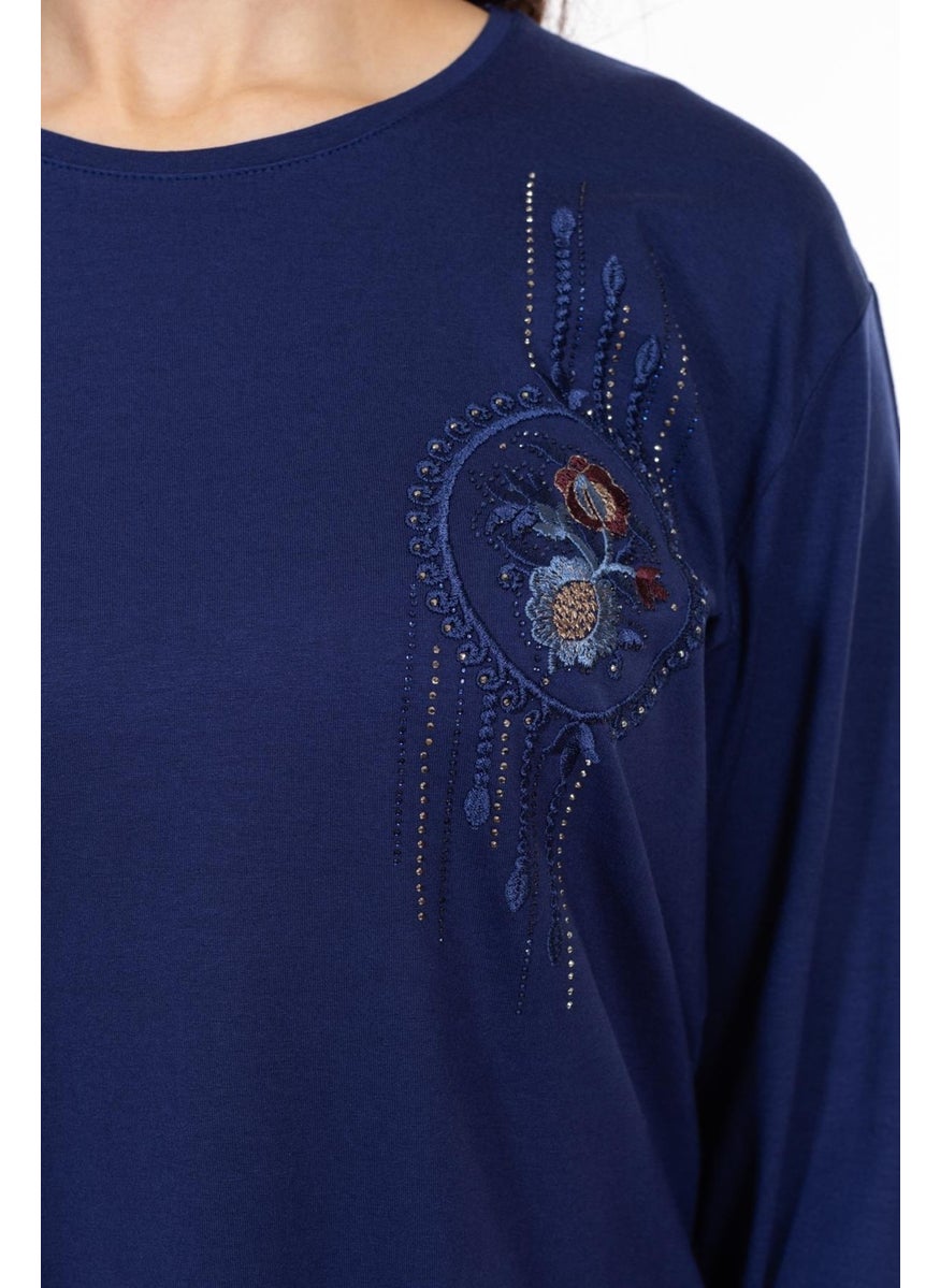 New Season Women's Middle Age and Above Viscose Cross-Stitch Embroidered Luxury Mother's Combed Cotton Blouse 24312