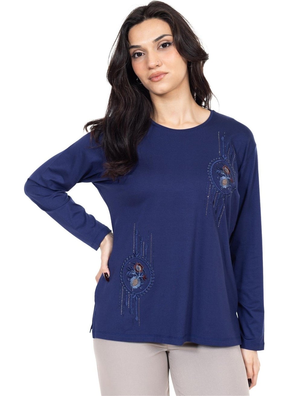 New Season Women's Middle Age and Above Viscose Cross-Stitch Embroidered Luxury Mother's Combed Cotton Blouse 24312