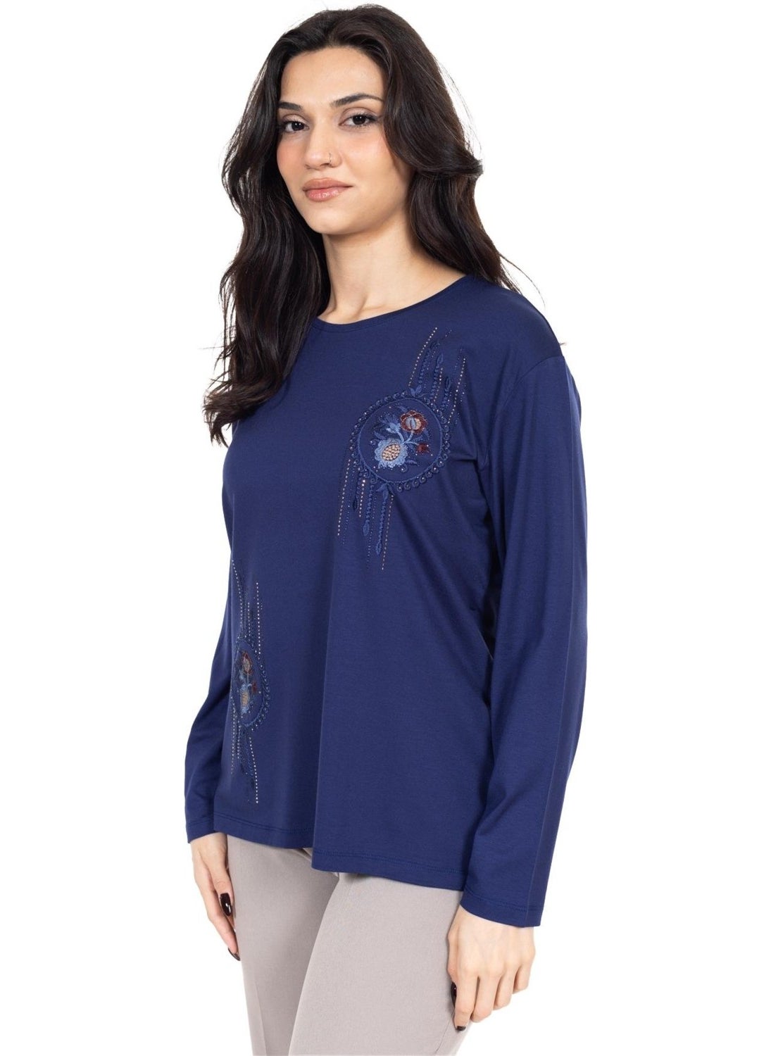 New Season Women's Middle Age and Above Viscose Cross-Stitch Embroidered Luxury Mother's Combed Cotton Blouse 24312