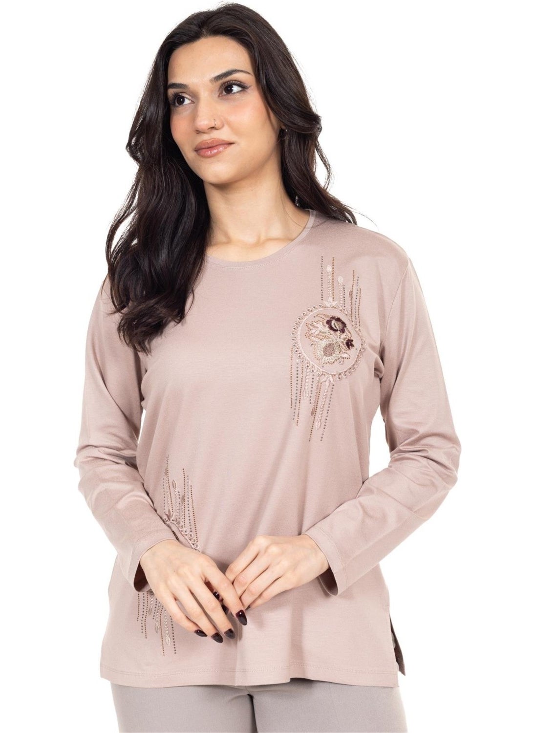 New Season Women's Middle Age and Above Viscose Cross-Stitch Embroidered Luxury Mother's Combed Cotton Blouse 24312