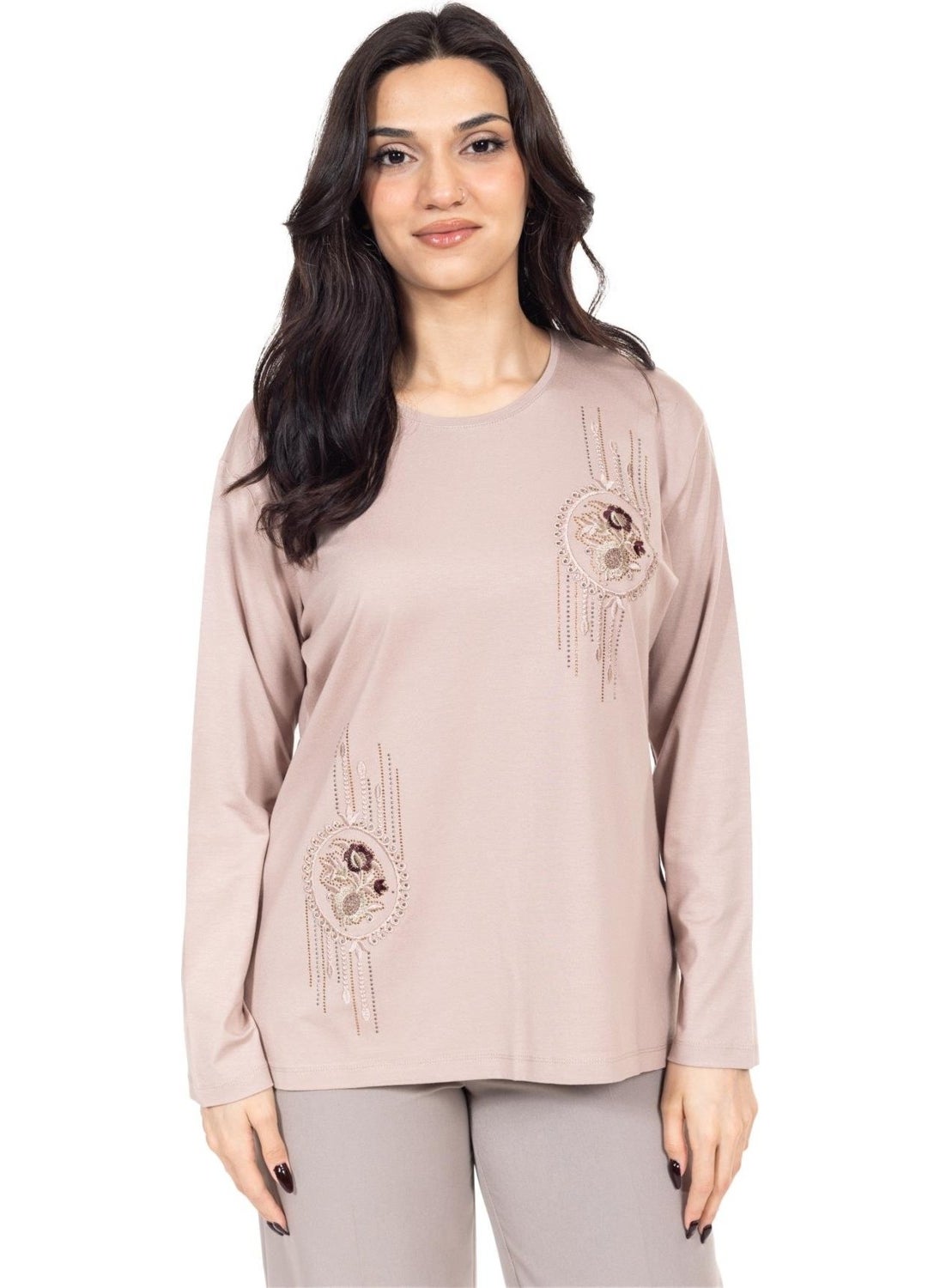 New Season Women's Middle Age and Above Viscose Cross-Stitch Embroidered Luxury Mother's Combed Cotton Blouse 24312