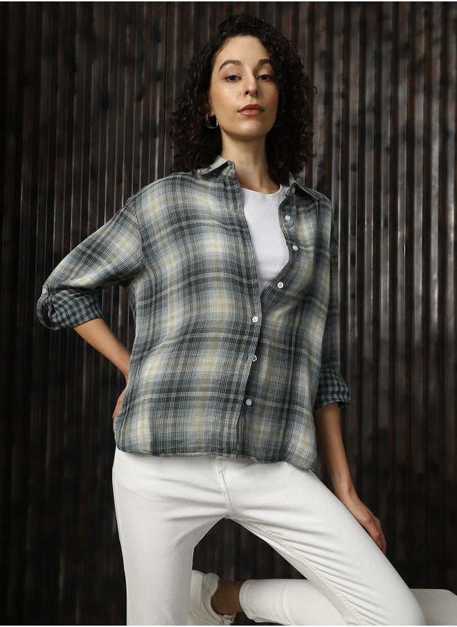 Women Spread Collar Tartan Checked Cotton Oversized Casual Shirt