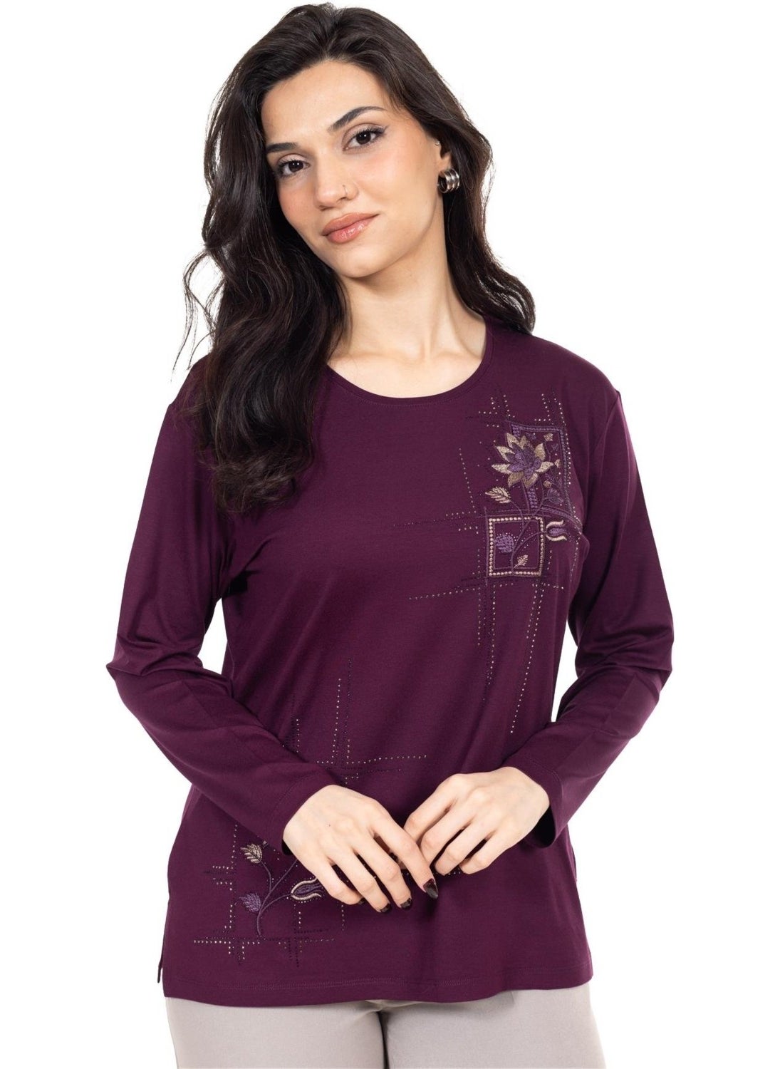 New Season Women's Middle Age and Above Viscose Cross-Stitch Embroidered Luxury Mother's Combed Cotton Blouse 24311
