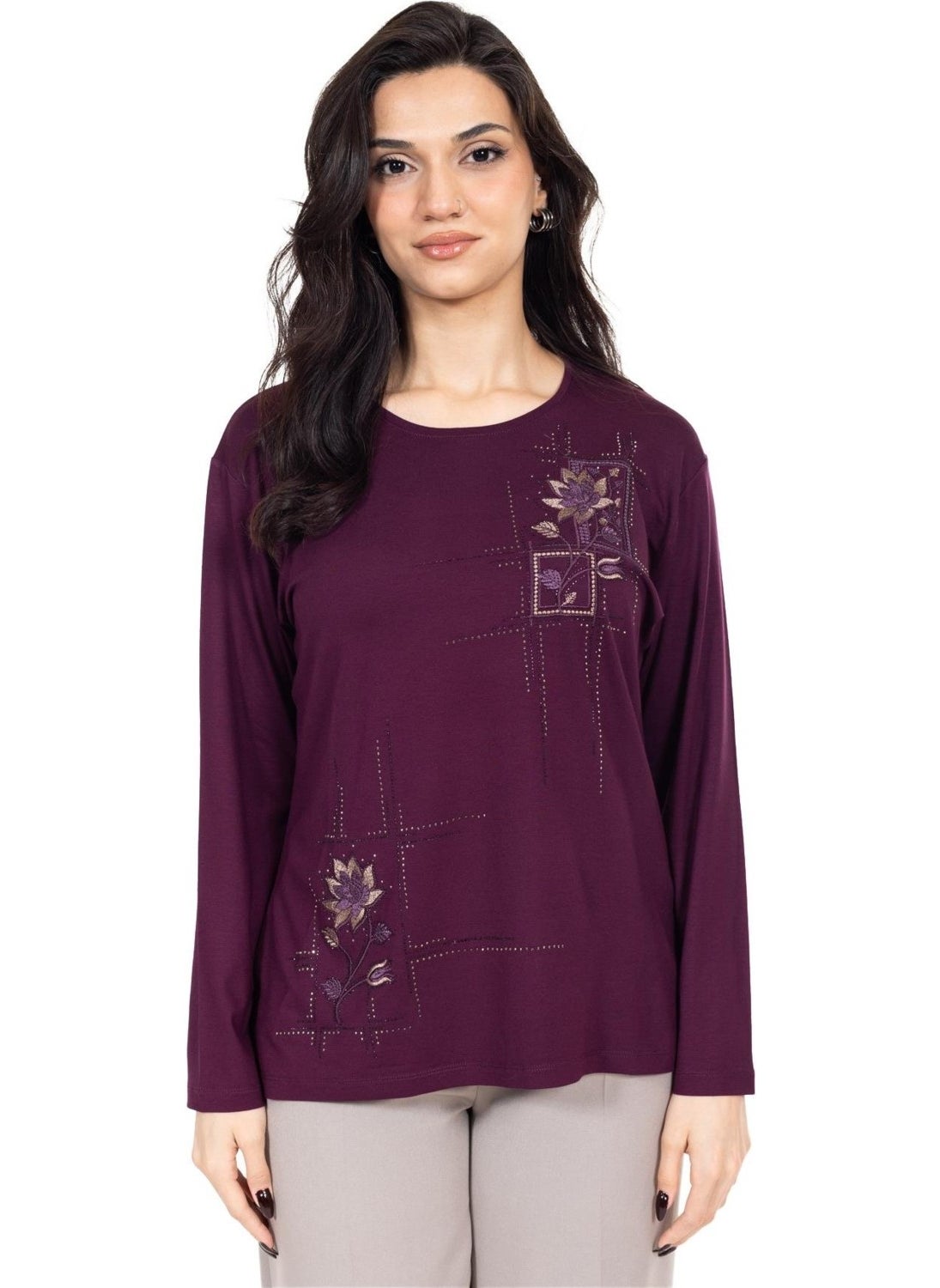 New Season Women's Middle Age and Above Viscose Cross-Stitch Embroidered Luxury Mother's Combed Cotton Blouse 24311