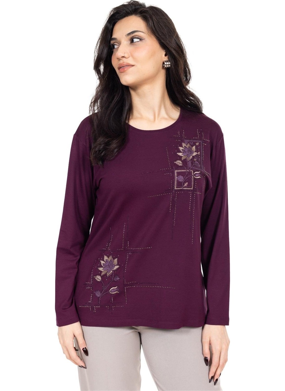 New Season Women's Middle Age and Above Viscose Cross-Stitch Embroidered Luxury Mother's Combed Cotton Blouse 24311