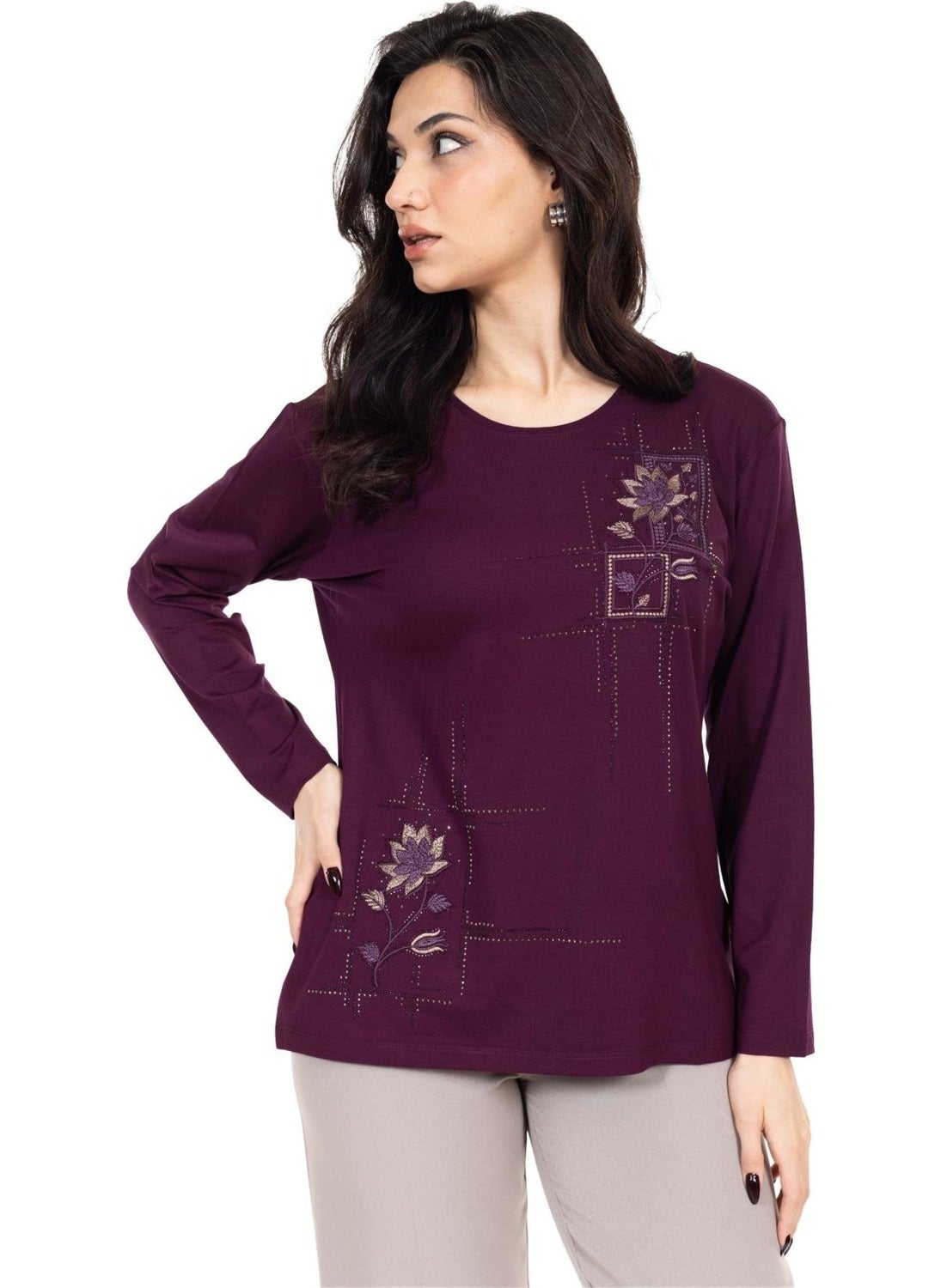 New Season Women's Middle Age and Above Viscose Cross-Stitch Embroidered Luxury Mother's Combed Cotton Blouse 24311