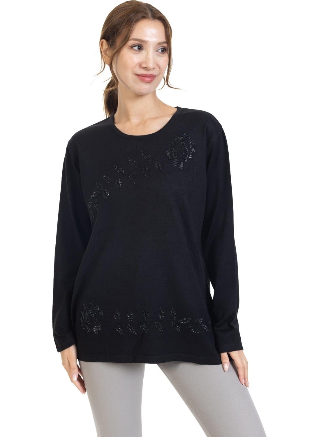 Women Middle Age and Above Flower Pattern Stone Embroidered Knitwear Knit Lycra Mother Blouse Sweater 23914