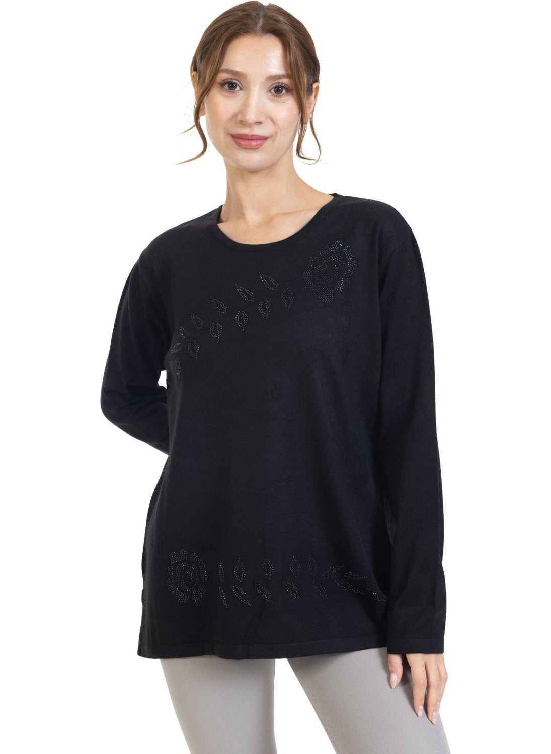 Women Middle Age and Above Flower Pattern Stone Embroidered Knitwear Knit Lycra Mother Blouse Sweater 23914