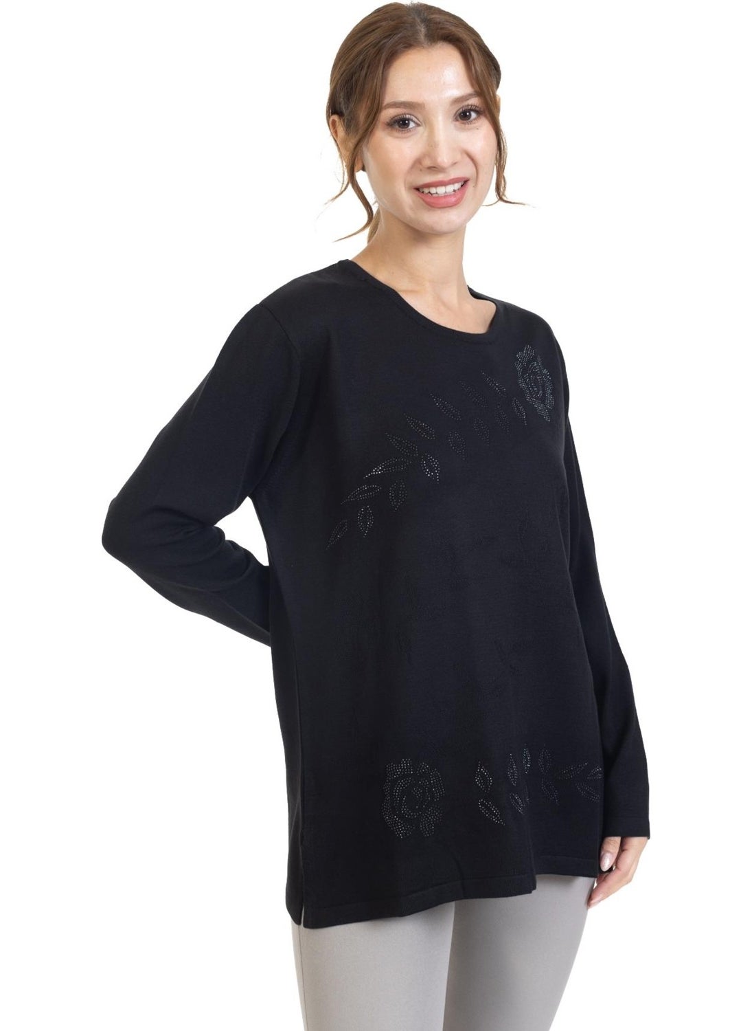Women Middle Age and Above Flower Pattern Stone Embroidered Knitwear Knit Lycra Mother Blouse Sweater 23914