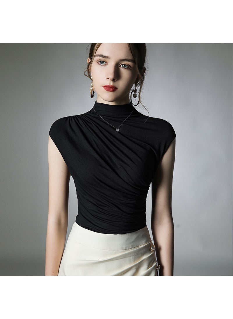 Autumn Slim Fit High Neck Base Shirt Solid Pleated Coffee