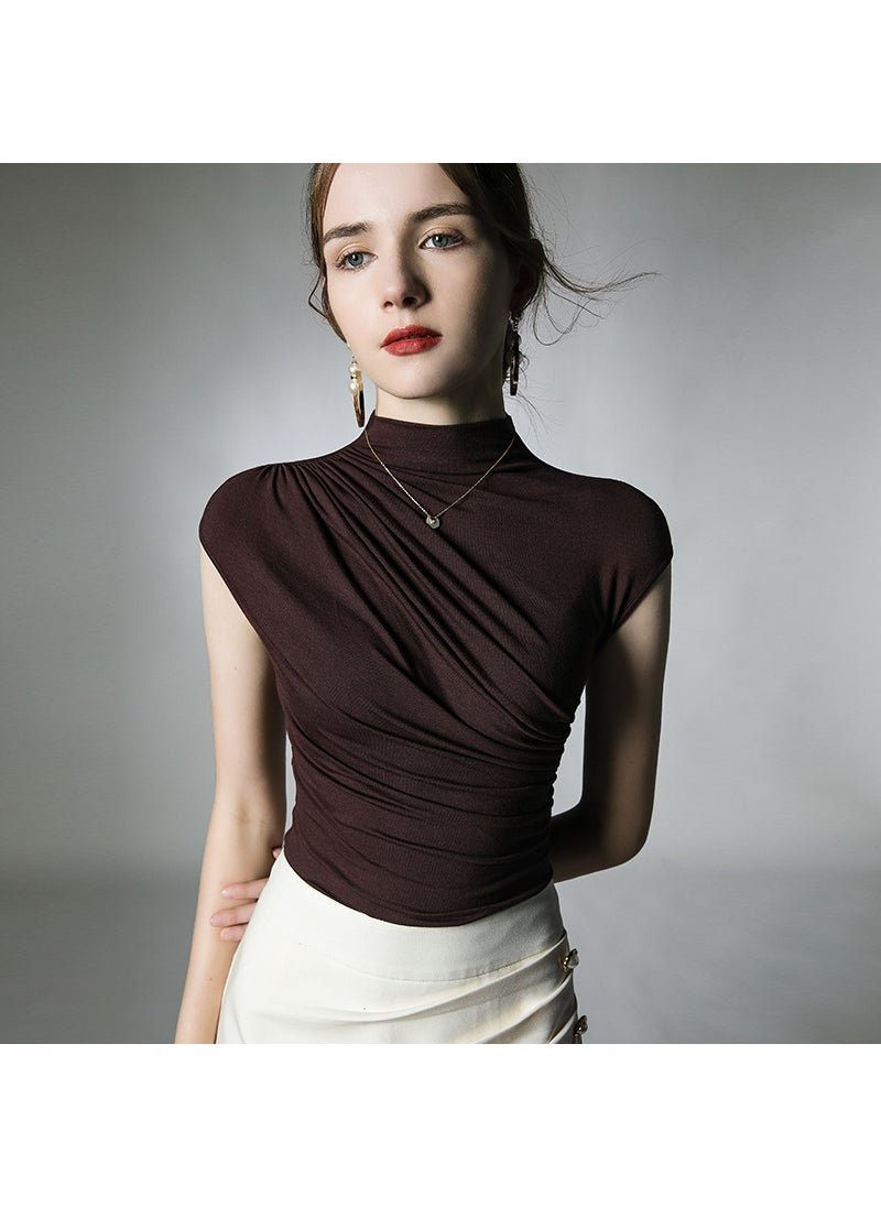 Autumn Slim Fit High Neck Base Shirt Solid Pleated Coffee