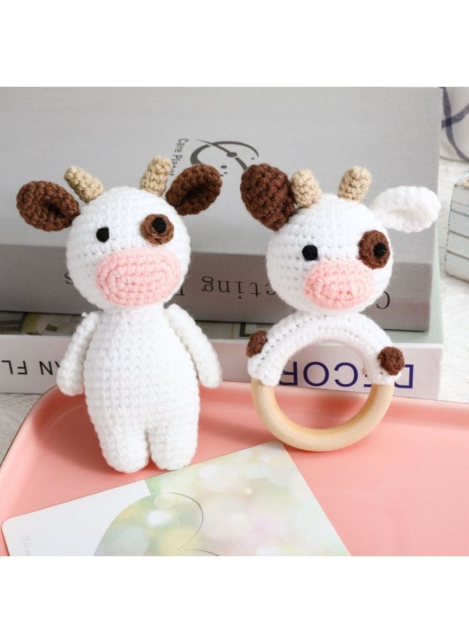 Baby Sensory Rattle Toy Handmade Crochet Animal Rattle Lion Fawn Elephant Newborn Doll Gift-Color:White Cow Rattle