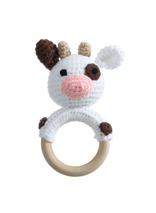 Baby Sensory Rattle Toy Handmade Crochet Animal Rattle Lion Fawn Elephant Newborn Doll Gift-Color:White Cow Rattle