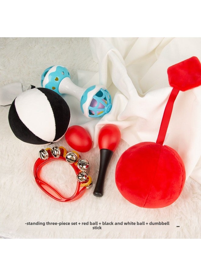 Baby Toys 0-1 Years Old Puzzle Rattle Chase Ball Sand Hammer Baby Infant Newborn Can Bite Toys Wholesale-Color:Audio-Visual Three-piece Set + Dumbbell Bar + Red Ball + Black And White Ball