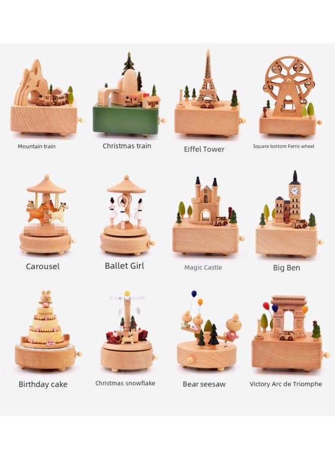 Creative Wooden Music Box Carousel Horse Children's Day Girlfriend Birthday Qixi Festival Gift Rotating Wooden Music Box-Color:JY078 Rabbit Seesaw