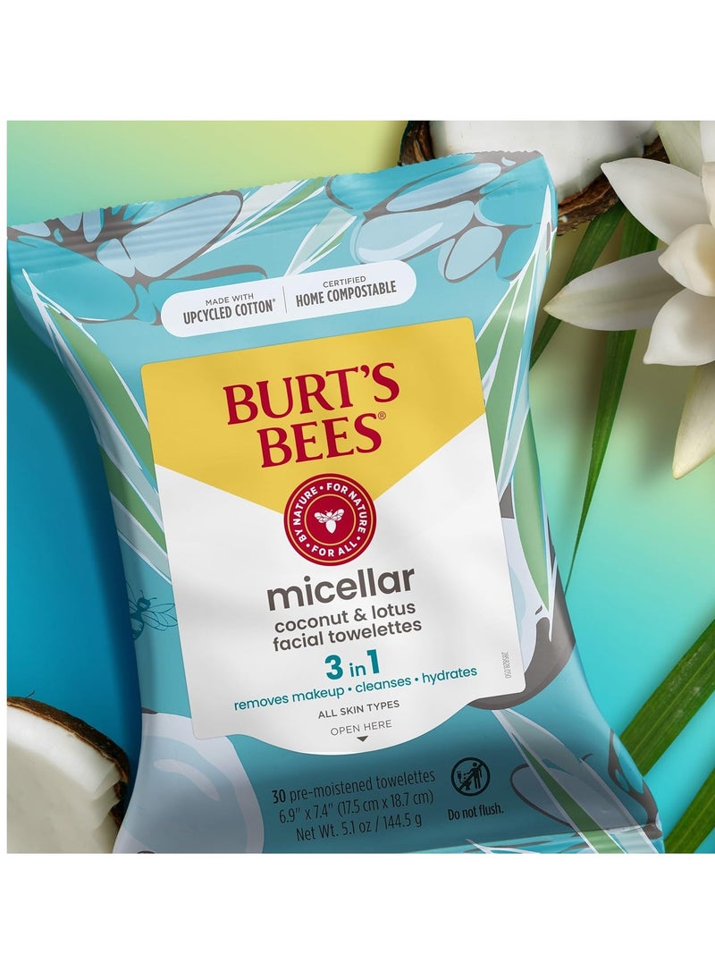 Burt's Bees Coconut & Lotus Face Wipes, for All Skin Types, Micellar Makeup Remover & Facial Cleansing Towelettes, 30 Ct. (3-Pack)