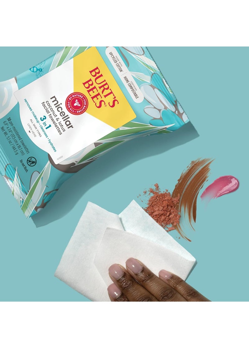 Burt's Bees Coconut & Lotus Face Wipes, for All Skin Types, Micellar Makeup Remover & Facial Cleansing Towelettes, 30 Ct. (3-Pack)