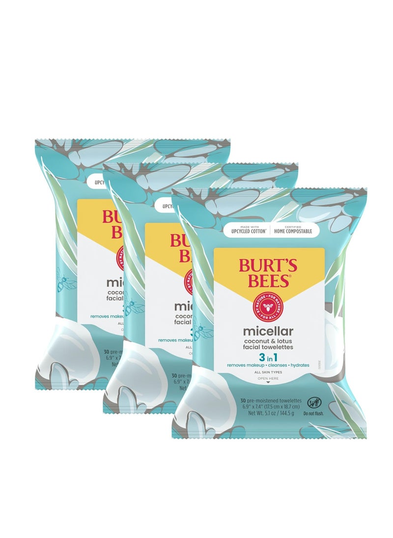 Burt's Bees Coconut & Lotus Face Wipes, for All Skin Types, Micellar Makeup Remover & Facial Cleansing Towelettes, 30 Ct. (3-Pack)