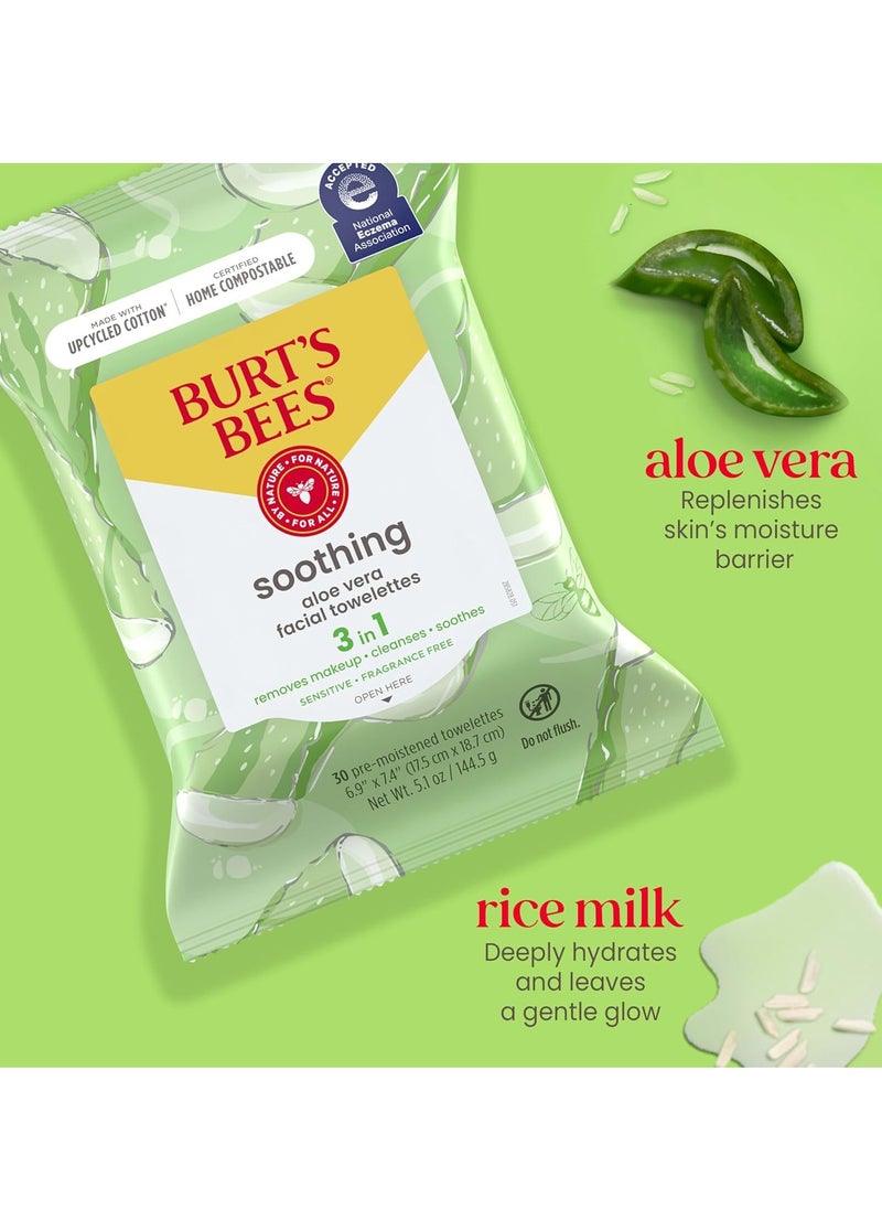 Burt's Bees Aloe Vera Face Wipes, for Sensitive Skin, Soothing Makeup Remover & Facial Cleansing Towelettes, 30 Ct. (3-Pack)