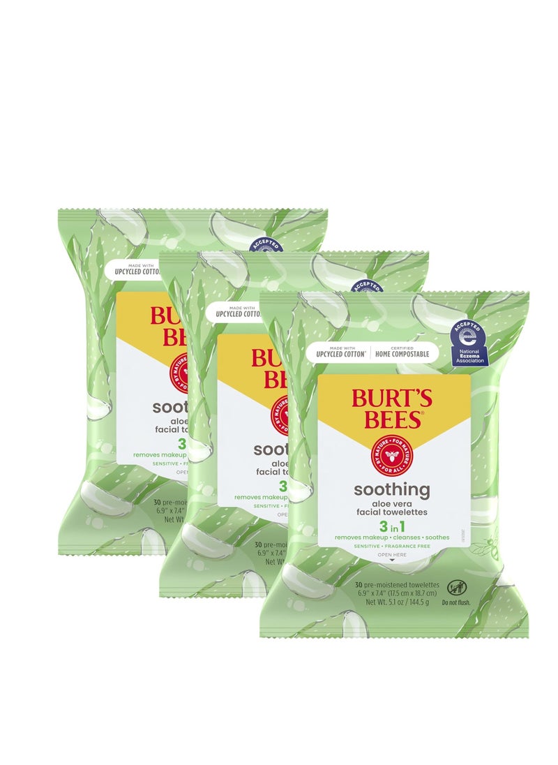 Burt's Bees Aloe Vera Face Wipes, for Sensitive Skin, Soothing Makeup Remover & Facial Cleansing Towelettes, 30 Ct. (3-Pack)