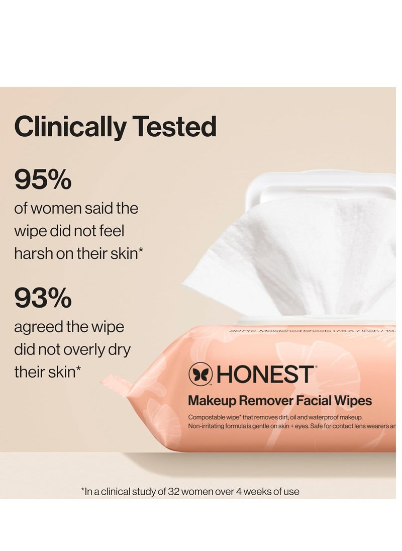 Honest Beauty Fragrance Free Cleansing Makeup Remover Facial Wipes | Plant Based, Hypoallergenic, Gentle for Sensitive Skin | 30 Count