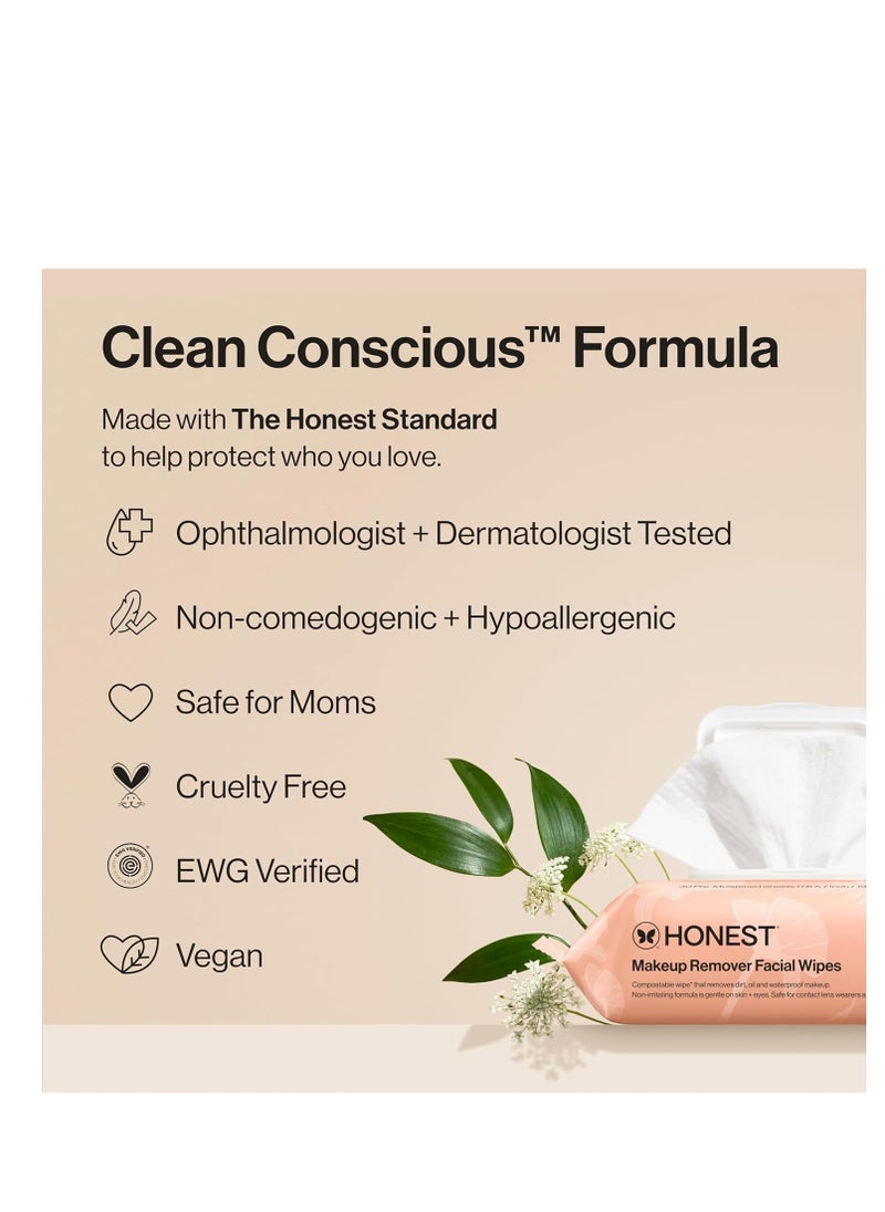Honest Beauty Fragrance Free Cleansing Makeup Remover Facial Wipes | Plant Based, Hypoallergenic, Gentle for Sensitive Skin | 30 Count
