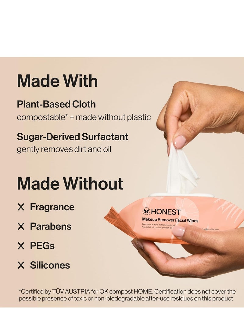 Honest Beauty Fragrance Free Cleansing Makeup Remover Facial Wipes | Plant Based, Hypoallergenic, Gentle for Sensitive Skin | 30 Count