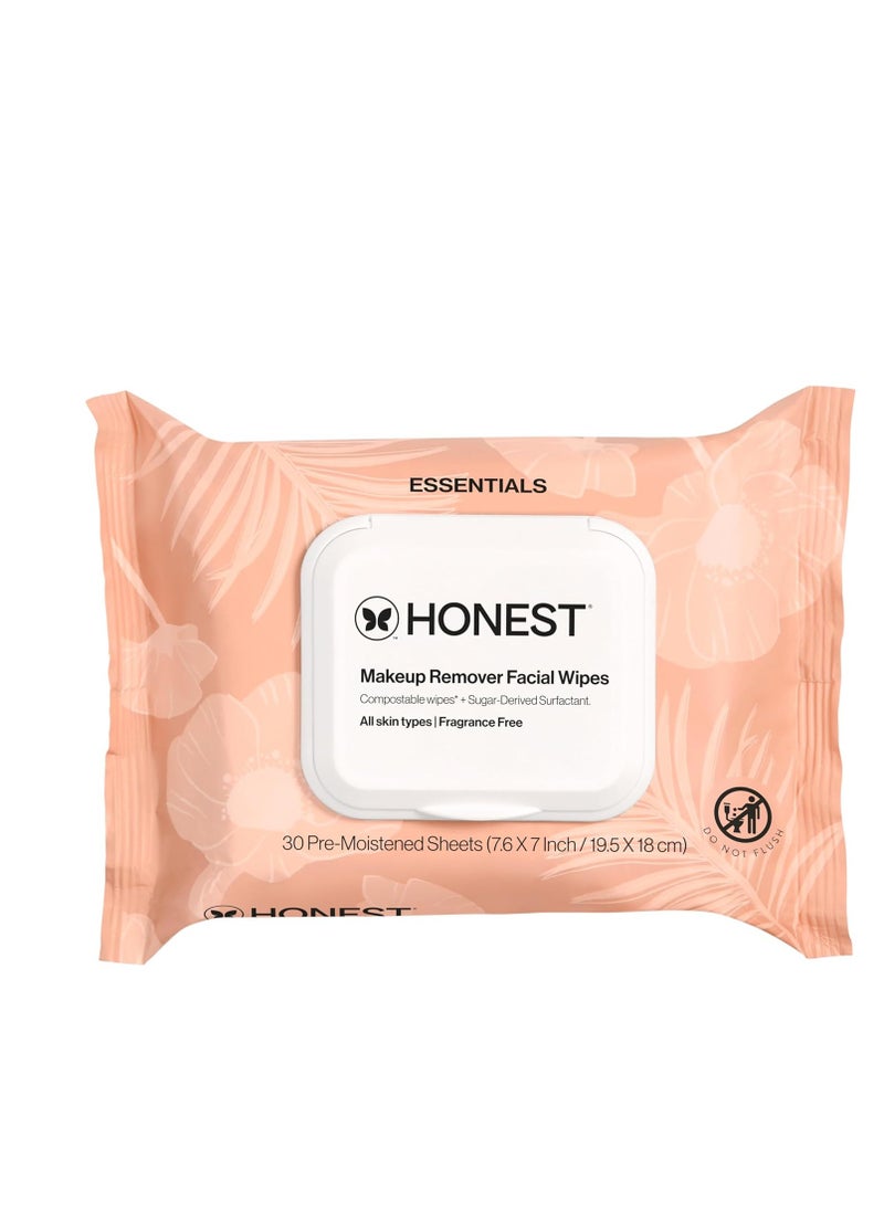 Honest Beauty Fragrance Free Cleansing Makeup Remover Facial Wipes | Plant Based, Hypoallergenic, Gentle for Sensitive Skin | 30 Count