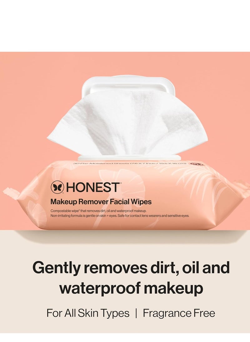 Honest Beauty Fragrance Free Cleansing Makeup Remover Facial Wipes | Plant Based, Hypoallergenic, Gentle for Sensitive Skin | 30 Count