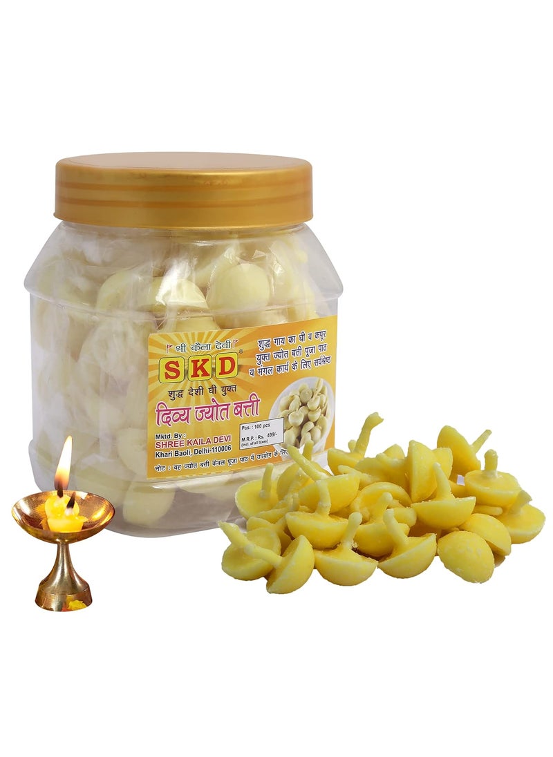 S K D Cow Ghee Diya Batti 100 Pieces 15min Burning Time Wax Free Cow ghee Diya batti Pack of 2