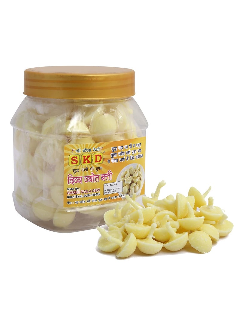 S K D Cow Ghee Diya Batti 100 Pieces 15min Burning Time Wax Free Cow ghee Diya batti Pack of 2