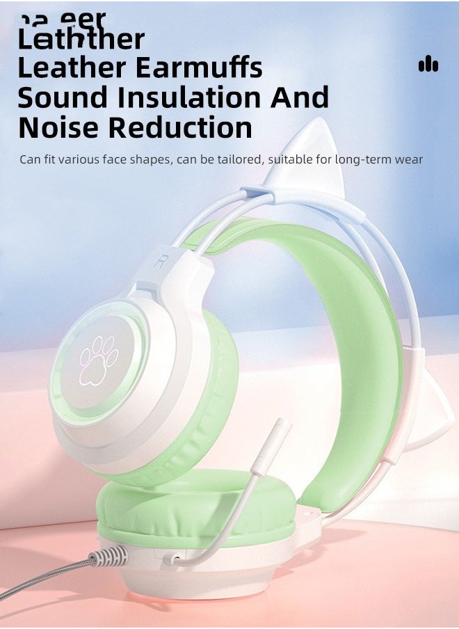 Wired Bluetooth Gaming Headset with Microphone, Cat Ear Headphones with RGB LED Light Stereo Sound Over Ear Headphones