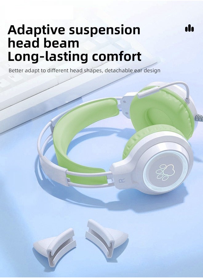 Wired Bluetooth Gaming Headset with Microphone, Cat Ear Headphones with RGB LED Light Stereo Sound Over Ear Headphones