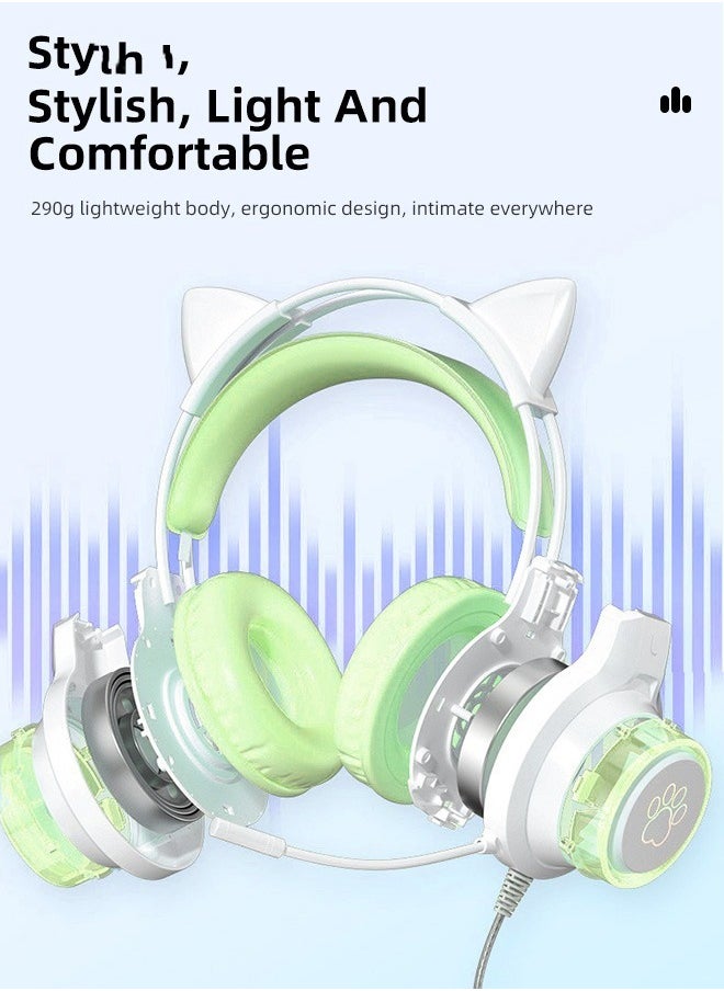Wired Bluetooth Gaming Headset with Microphone, Cat Ear Headphones with RGB LED Light Stereo Sound Over Ear Headphones