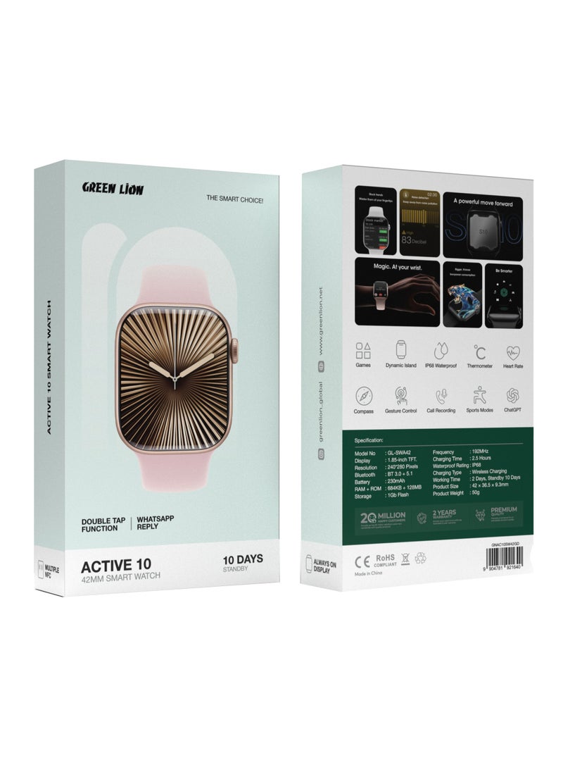 Smart Watch 42mm Active 10 with Multiple NFC / Double Tap Function / WhatsApp Replay / Always On Display / Gesture Control / Heart Rate / Sports Modes - Rose Gold