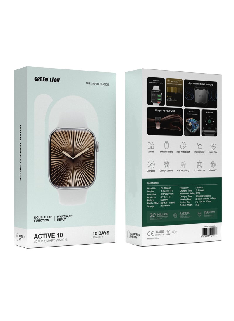 Smart Watch 42mm Active 10 with Multiple NFC / Double Tap Function / WhatsApp Replay / Always on Display / Gesture Control / Heart Rate / Sports Modes - Silver
