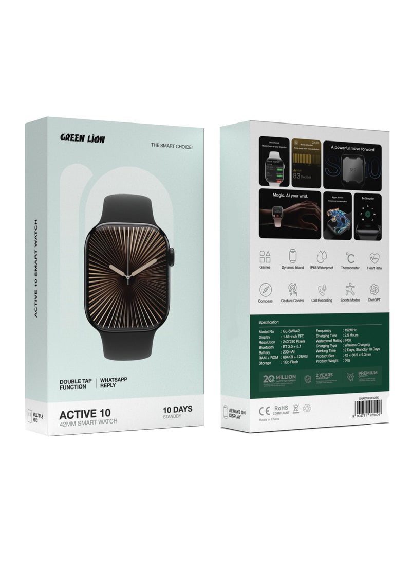 Smart Watch 42mm Active 10 with Multiple NFC / Double Tap Function / WhatsApp Replay / Always On Display / Gesture Control / Heart Rate / Sports Modes - Black