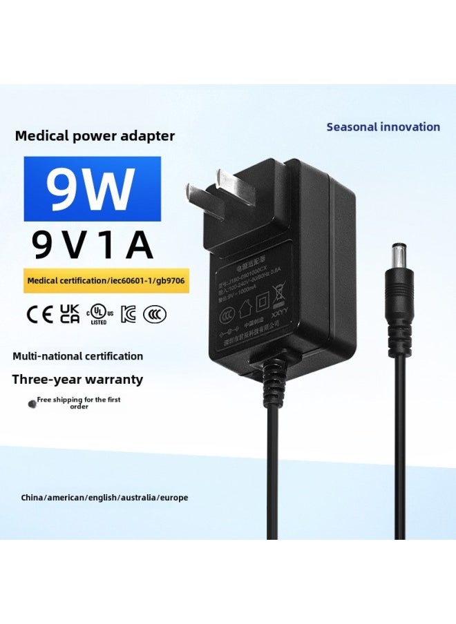 Power Adapter 9v1a9W Massager Power Supply Medical Certification CTUVusIEC60601GB9706 Adapter-Color:Black 9v1a Us Standard-Specifications:Dc Head 5.5*2.5*10mm