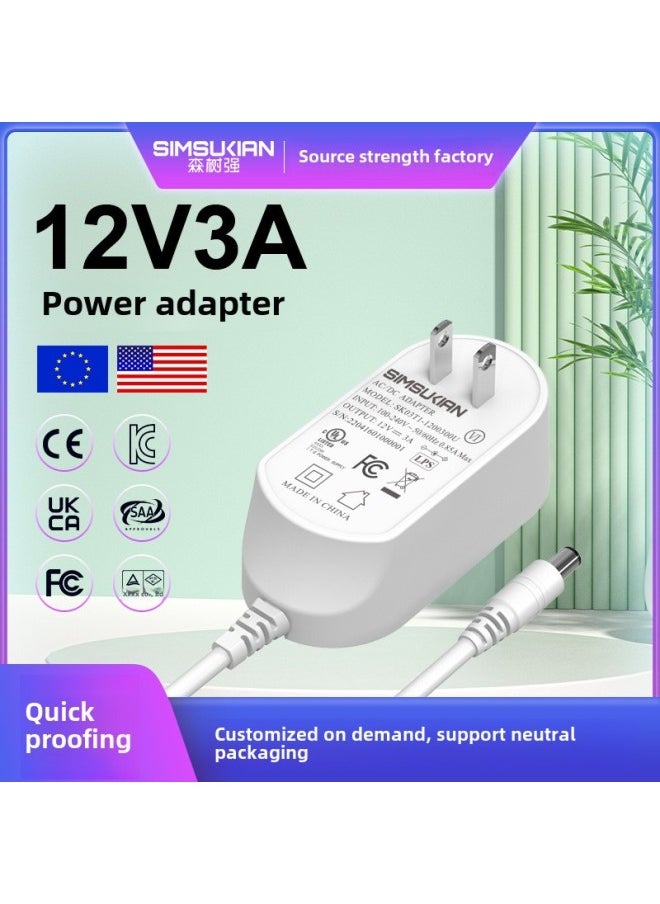 12v3a Power Adapter Chinese Standard Electrical Power Supply US Standard UL FCC Certified European Standard Power Adapter-Color:Black-Specifications:Us Regulations