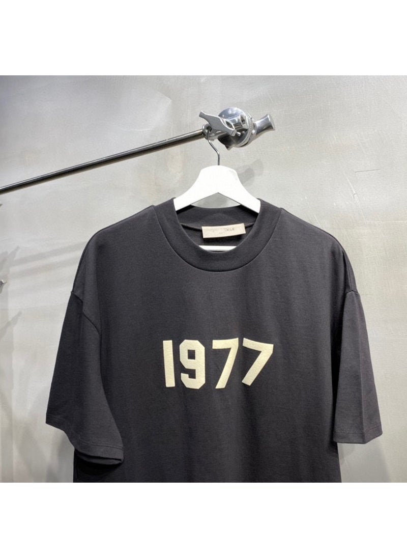 Essentials High Street Style Flocking round Neck Short Sleeve T-Shirt Mens Loose Fit Summer Casual Breathable Antibacterial cyan black