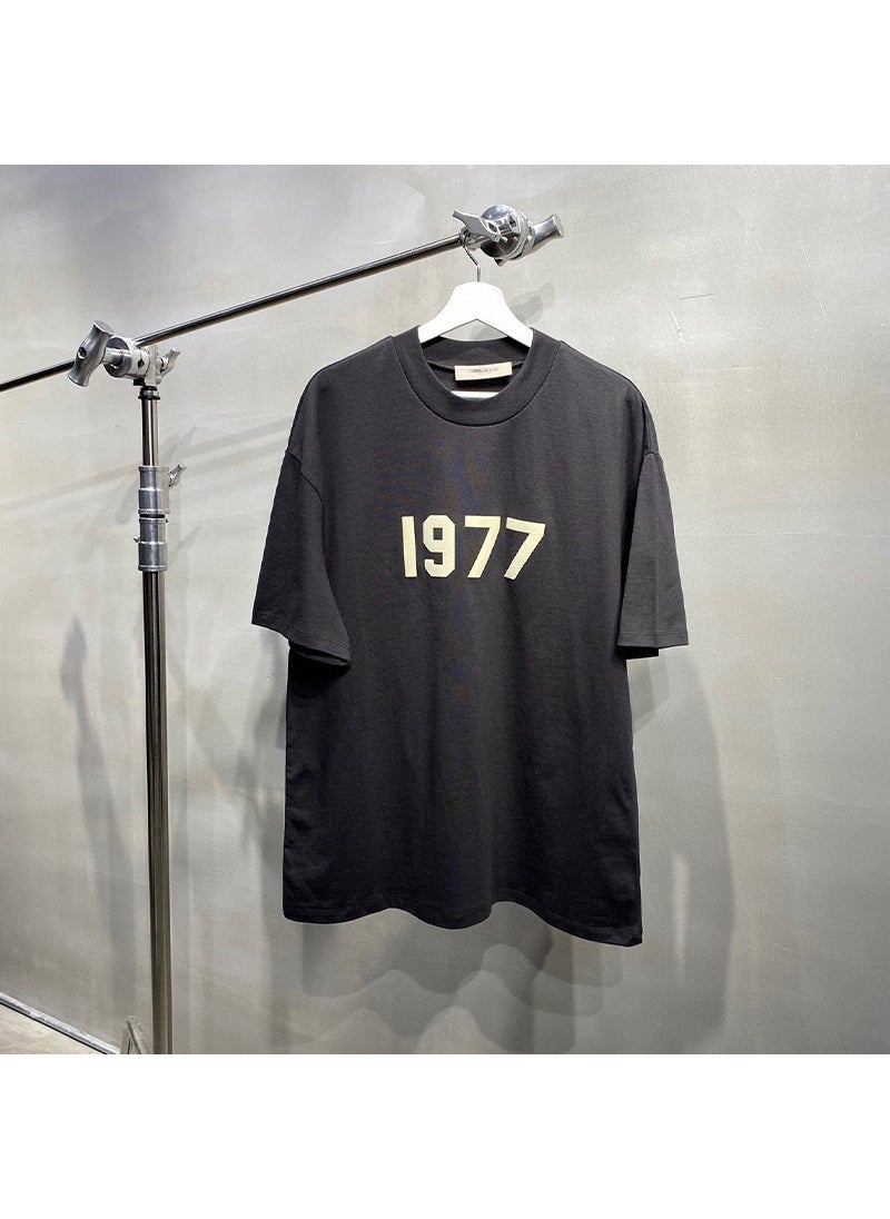 Essentials High Street Style Flocking round Neck Short Sleeve T-Shirt Mens Loose Fit Summer Casual Breathable Antibacterial cyan black