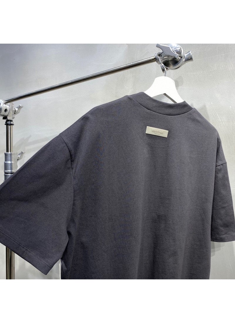 Essentials High Street Style Flocking round Neck Short Sleeve T-Shirt Mens Loose Fit Summer Casual Breathable Antibacterial cyan black